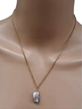 Vintage Floral Lampwork Glass Bead Pendant Necklace Gold Tone Original Box